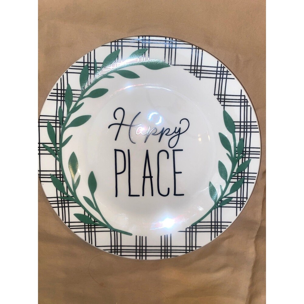 Royal Norfolk “Happy Place” 8‑Inch Ceramic Plate Black Plaid & Green Leaf Design